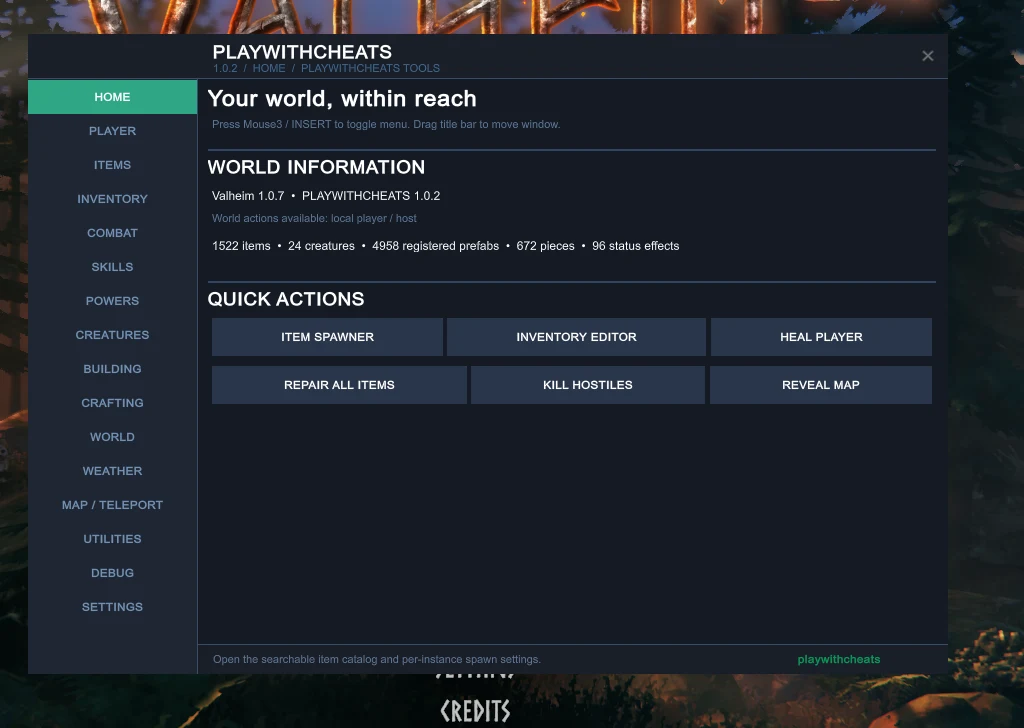 Elysium Valheim cheat menu home with the Player, Combat, Creatures, Items, Skills and World tabs