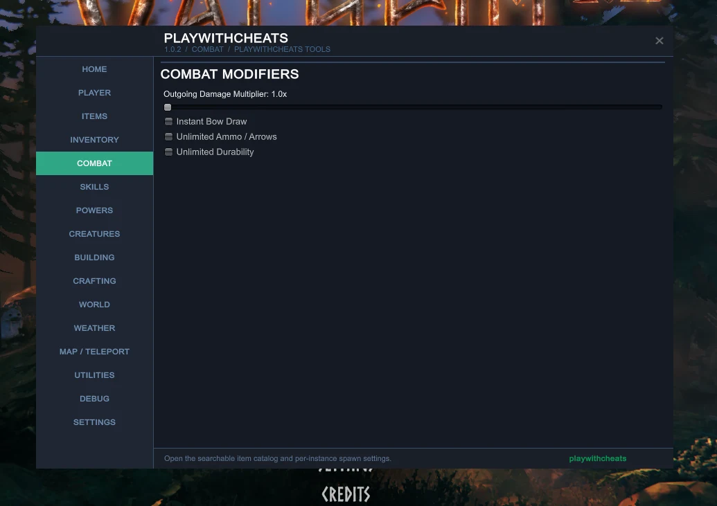 Valheim cheat Combat tab with damage multiplier, instant bow draw, unlimited ammo and unlimited durability