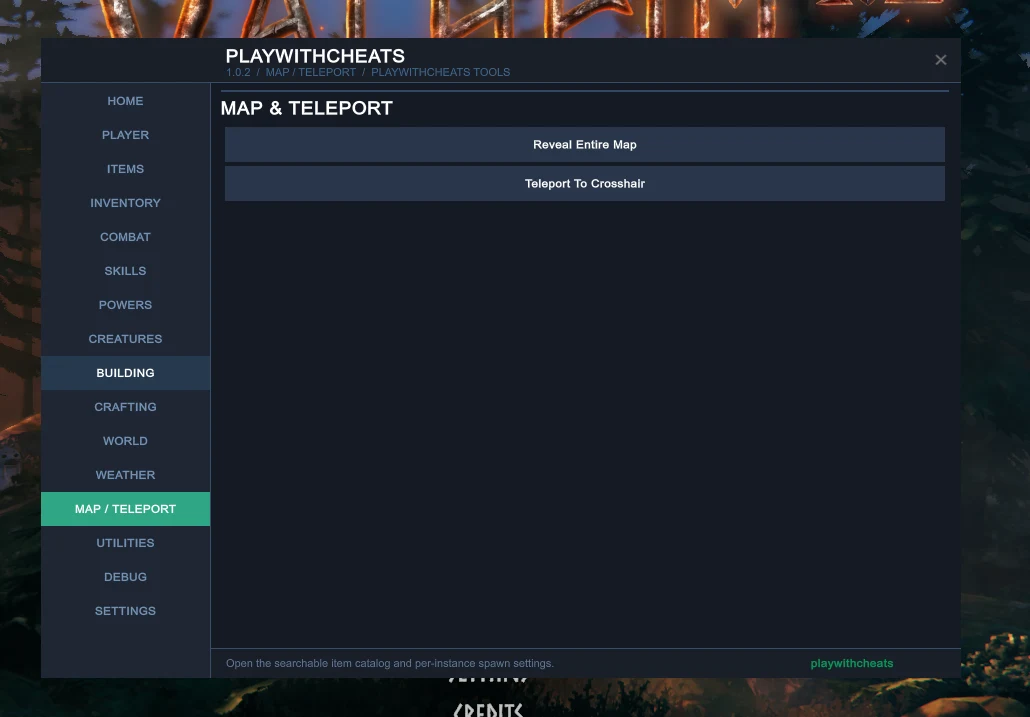 Valheim cheat World tab with reveal entire map, teleport to crosshair, free building and weather control